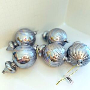 Crate& Barrel Retired Luxurious Silver Iridescent 5 inch Glass Ornaments.